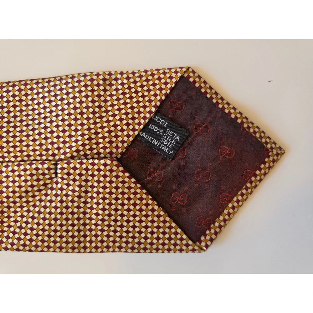 GUCCI 100% Silk Italy Preppy Old Money Maximalist Geometric Tan‎ Brown Tie